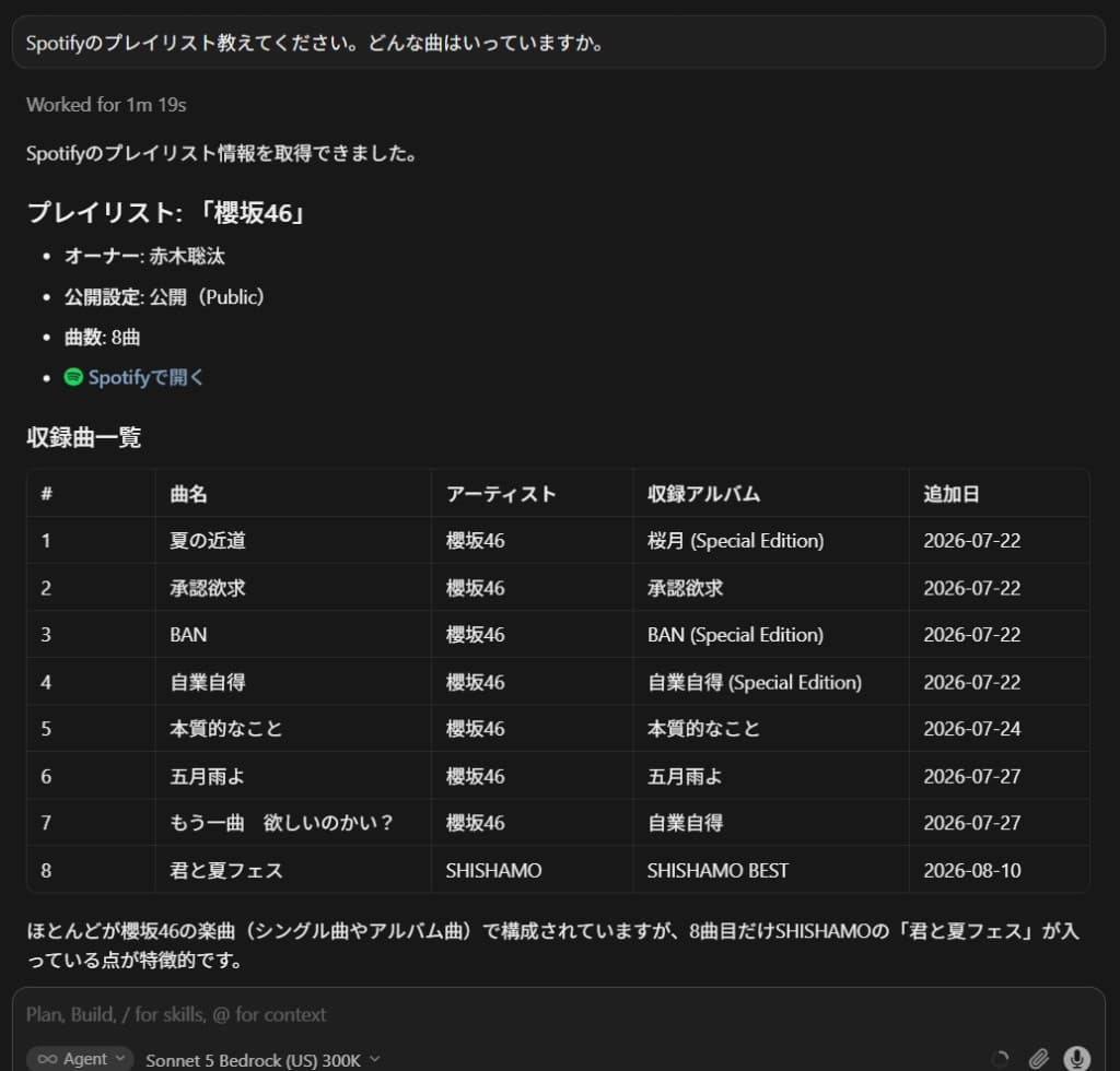 Cursor上でShanone MCP経由でSpotifyのプレイリスト情報を取得した結果